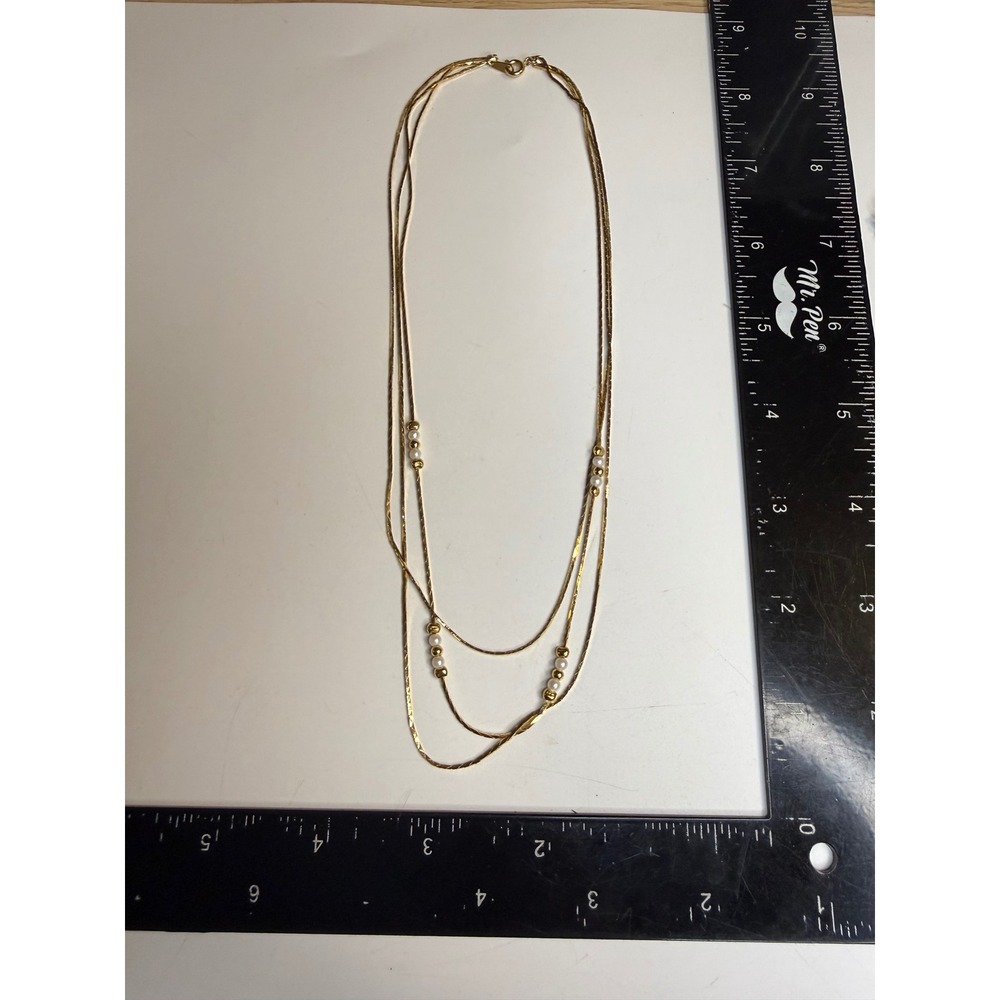 Gold Tone Multi Strand Herringbone Chain Necklace Faux Pearl Accents 18-20 Inch